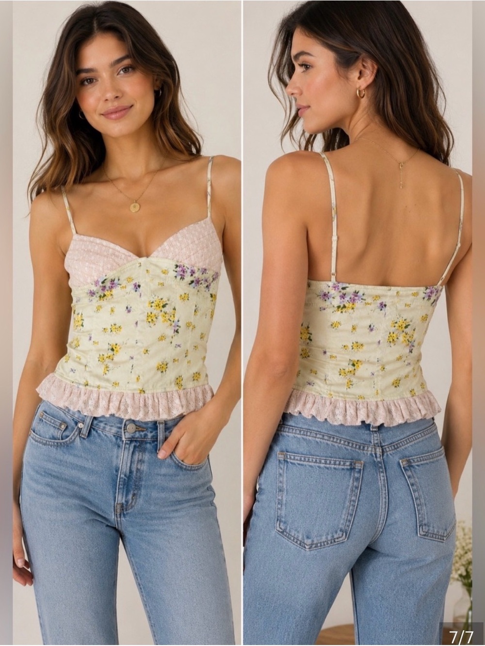 Steve Madden Yellow Floral Ruffle Hem Spaghetti Strap Cami
